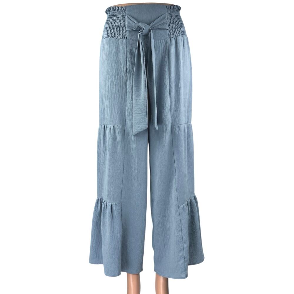 BMJL Women's Blue Tiered Wide Leg Smocked Waist Palazzo Trousers Pants Size S